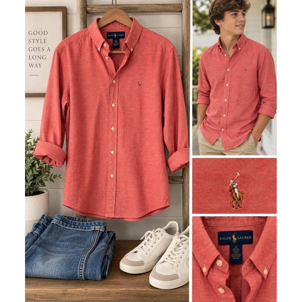 Ralph Lauren Boys XL 18-20 Red Oxford Cloth Button Down Shirt Long Sleeve